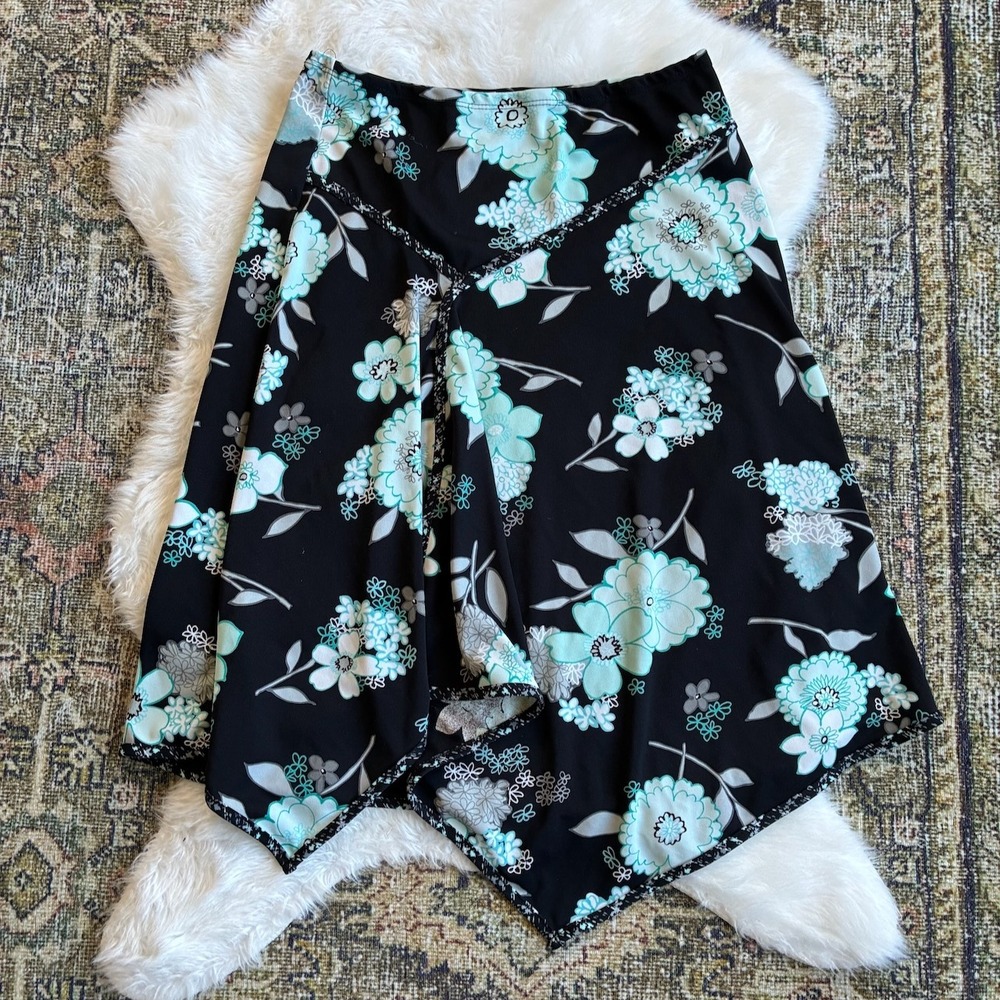 She's The 1 Y2K Floral Flutter Handkerchief Hem Midi Skirt Black Teal Large